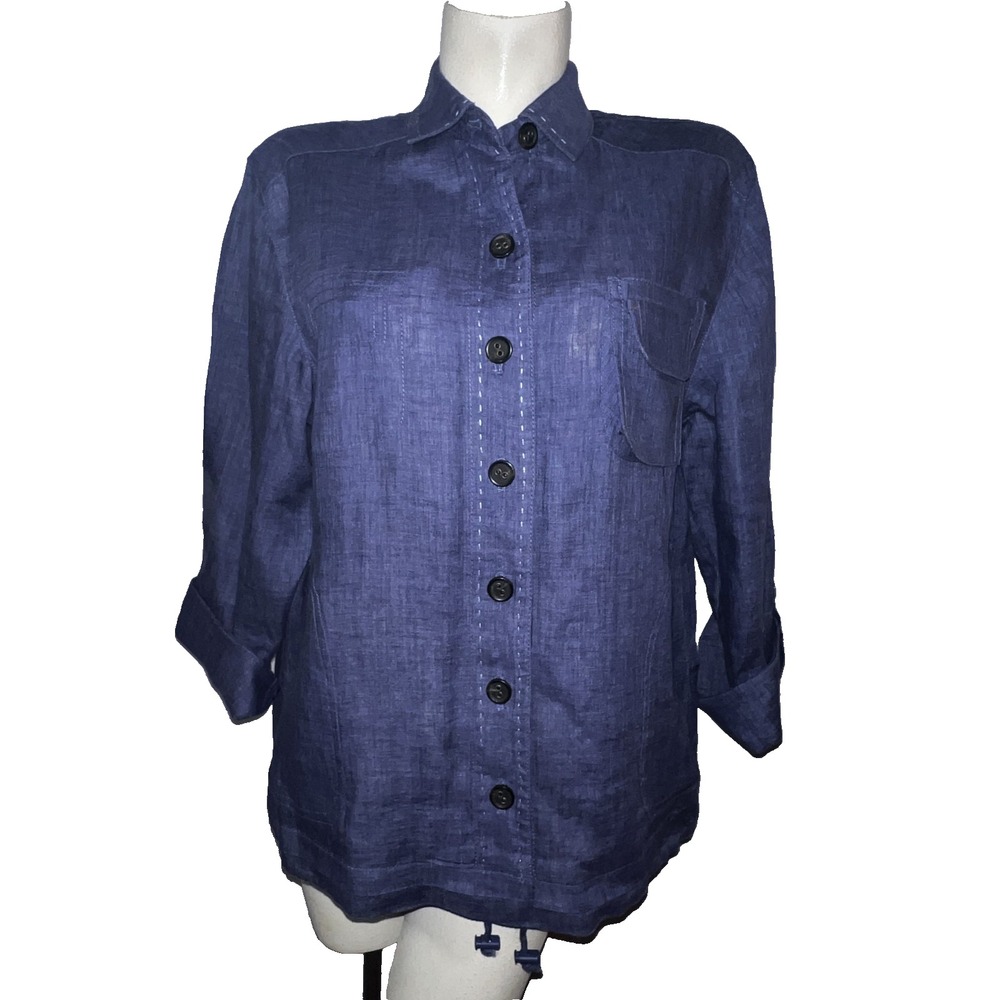 Coldwater Creek Blue Linen Button Down Shirt Pick Stitch Roll Tab Size LP Petite